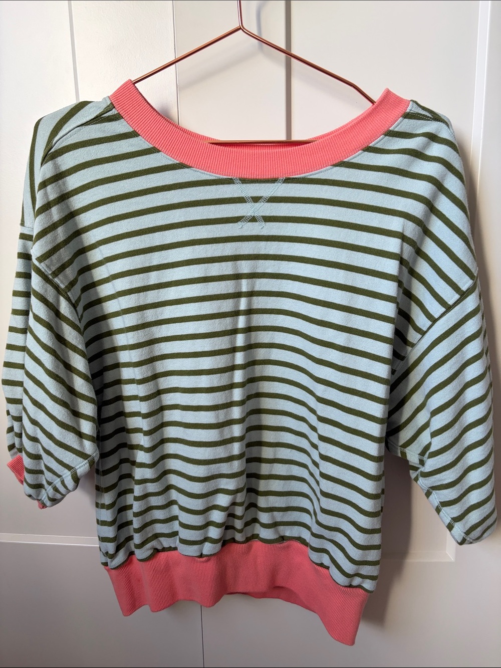 Pilcro Anthropologie Striped Sweatshirt in Mint, Olive & Pink Trim